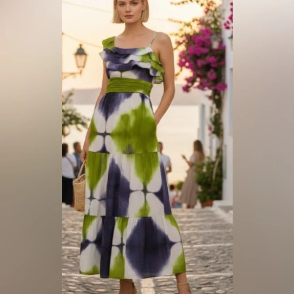 Busayo Collective Ruffle maxi dress patterned in Green and Blue tie-dye. Size 6 - Picture 6 of 10